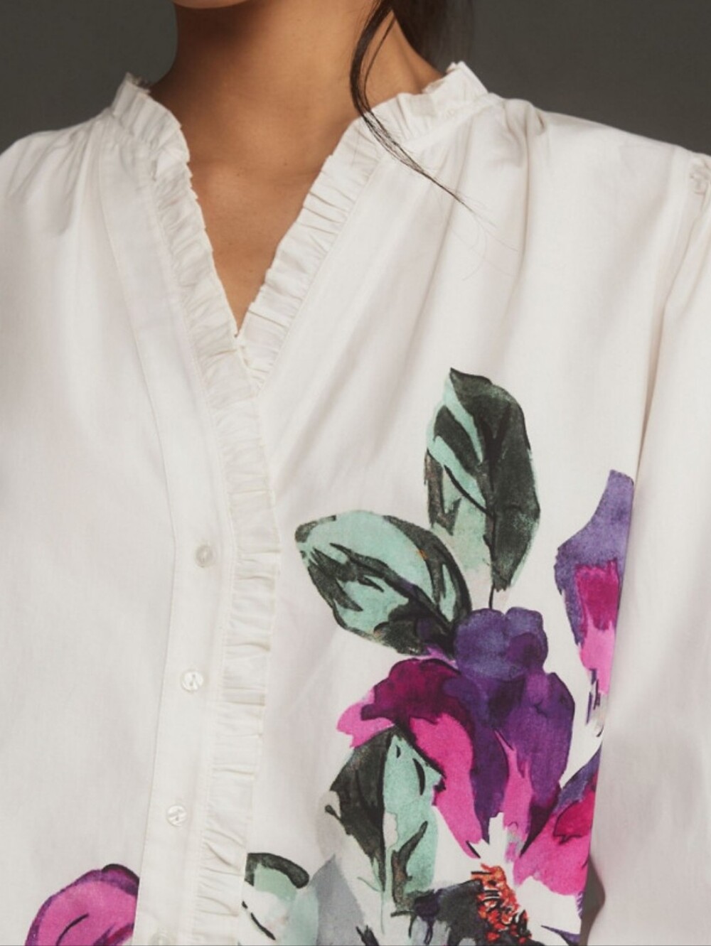 Anthropologie Forever That Girl Floral Ruffle Button Down Peasant Blouse Size L - Picture 3 of 13